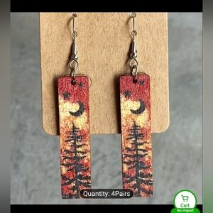 Earrings Western Wooden Pine Tree Moon Women's Dangle New f59
